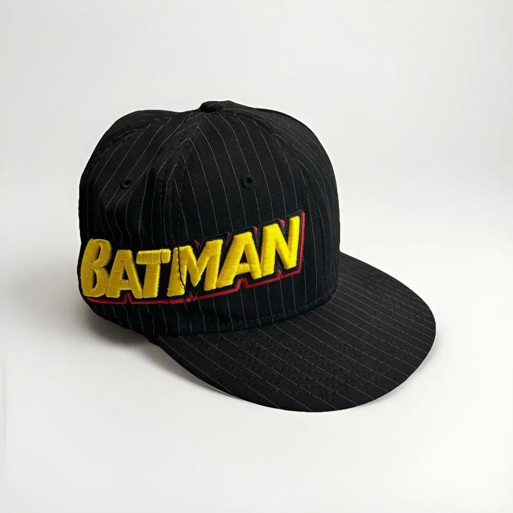 Vintage Batman Pinstripe Flat Bill Fitted Hat L/XL Bold Yellow Letter DC Comic
